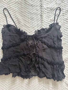 Zara Sheer Ruffled Camisole Tank Top - Charcoal Gray